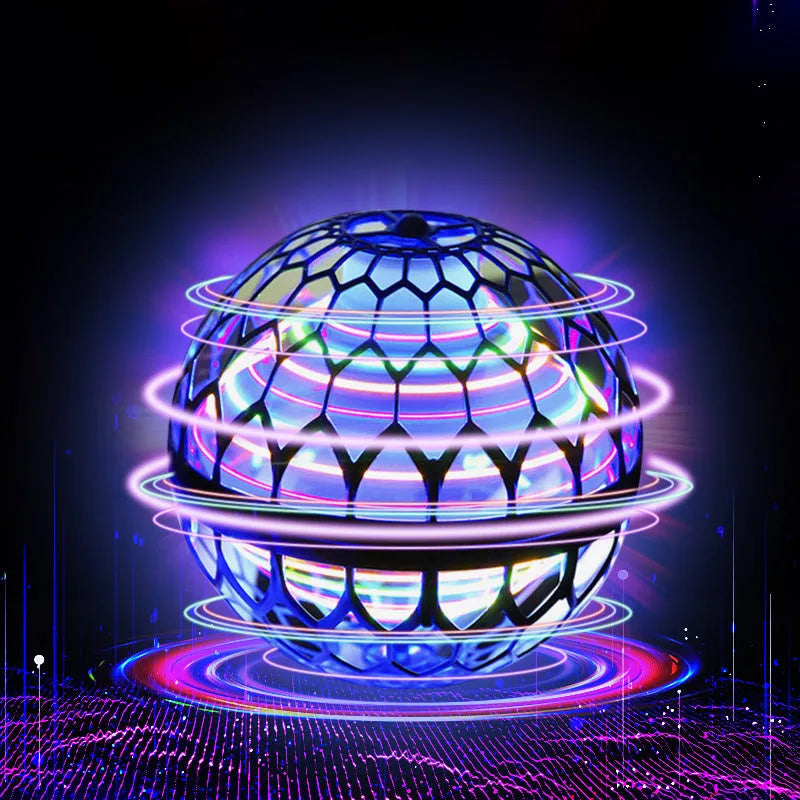 Blue flying ball spinning game with colourful LED lights levitating above hand with magic wand accessory