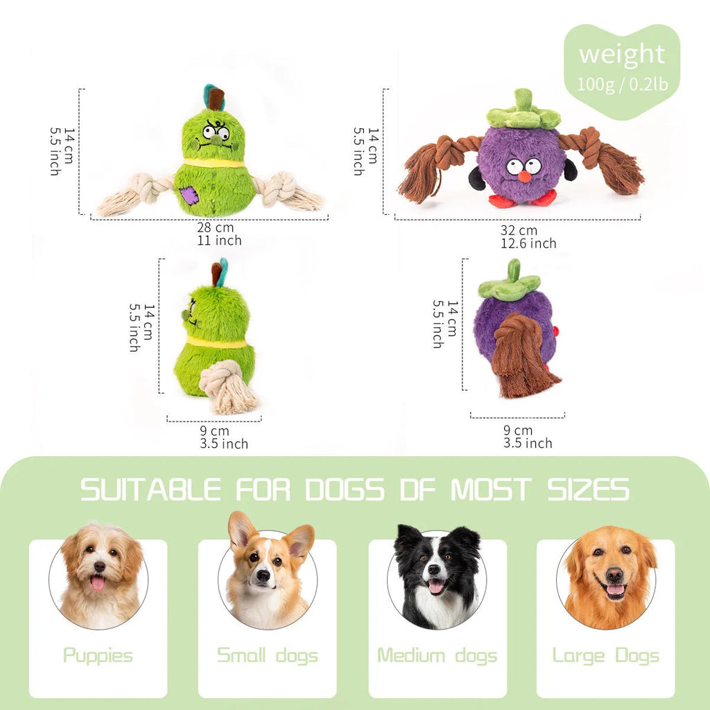 Green and purple interactive dog plush rope knot tug-of-war toy with molar teeth
