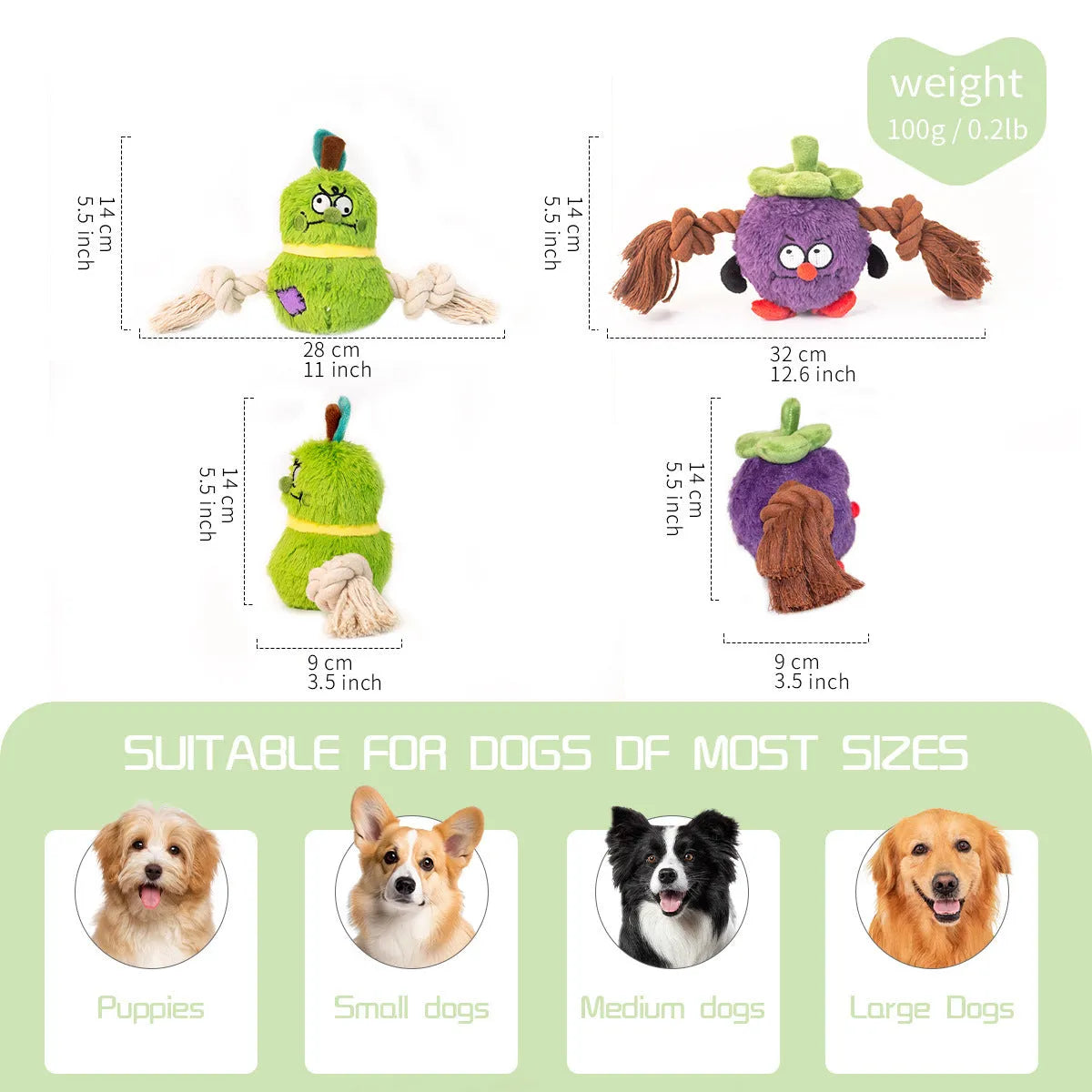 Green and purple interactive dog plush rope knot tug-of-war toy with molar teeth