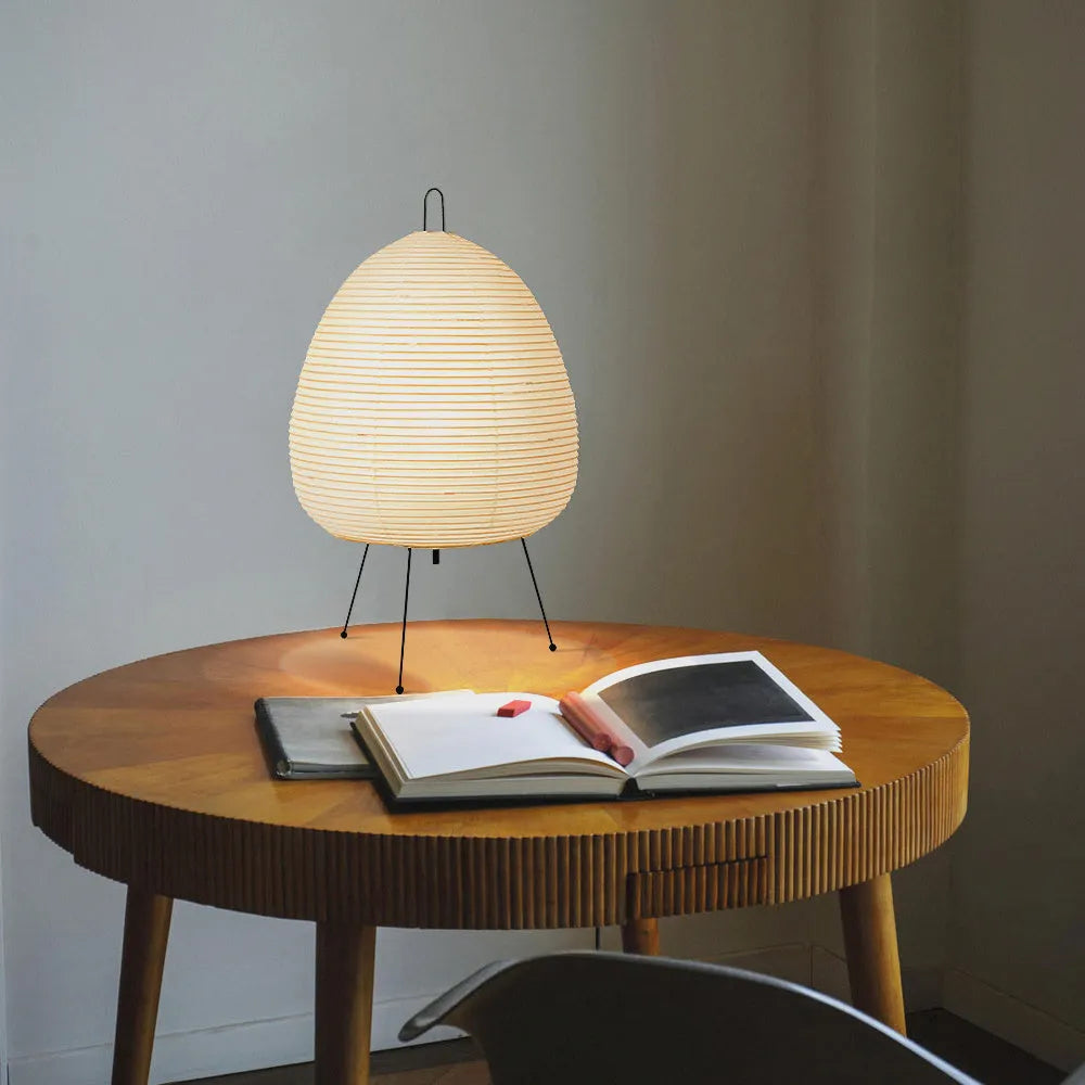 Japanese style rice paper table lamp with aluminium base and button dimmer