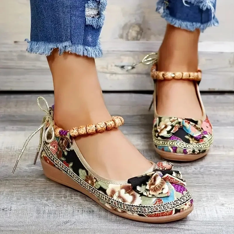 Women's plus size ethnic platform sandals with cloth upper and elastic band fastening in black colour