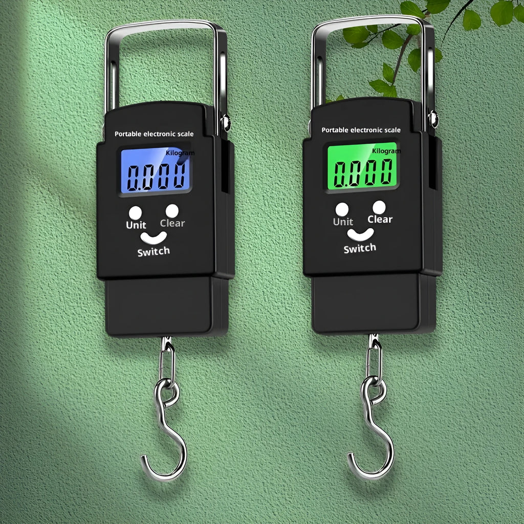 Mini handheld plastic electronic scale with 50kg capacity and blue backlight LCD display