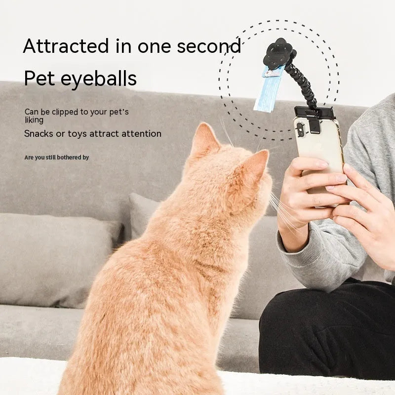 Pet photography tool with snack clip, 360-degree rotation, black plastic phone holder