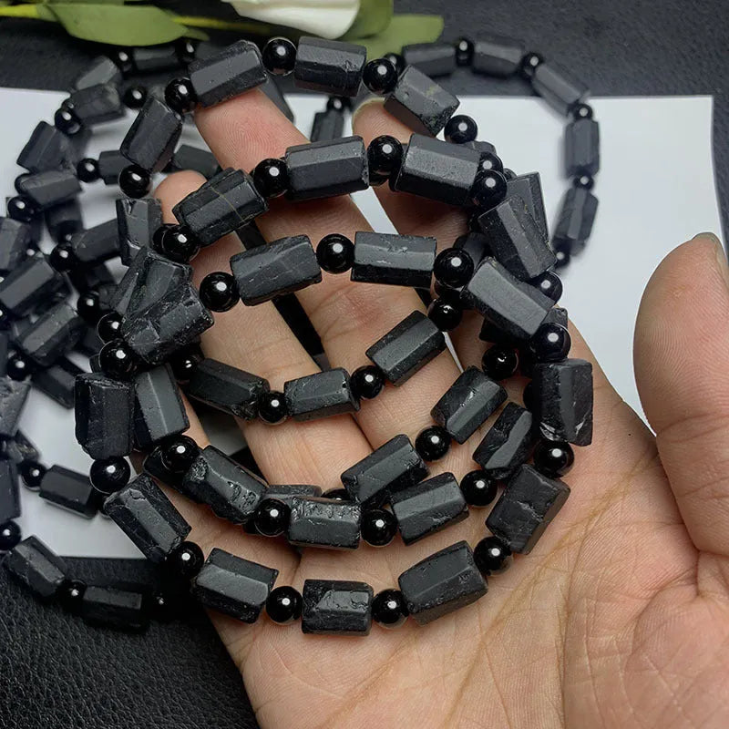Natural black tourmaline rough stone bracelet unisex 10mm bead size about 8.5mm to 9mm