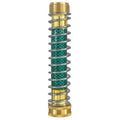 Brass garden hose connector with a coiled spring and 3/4 inch threaded ends on a white background.