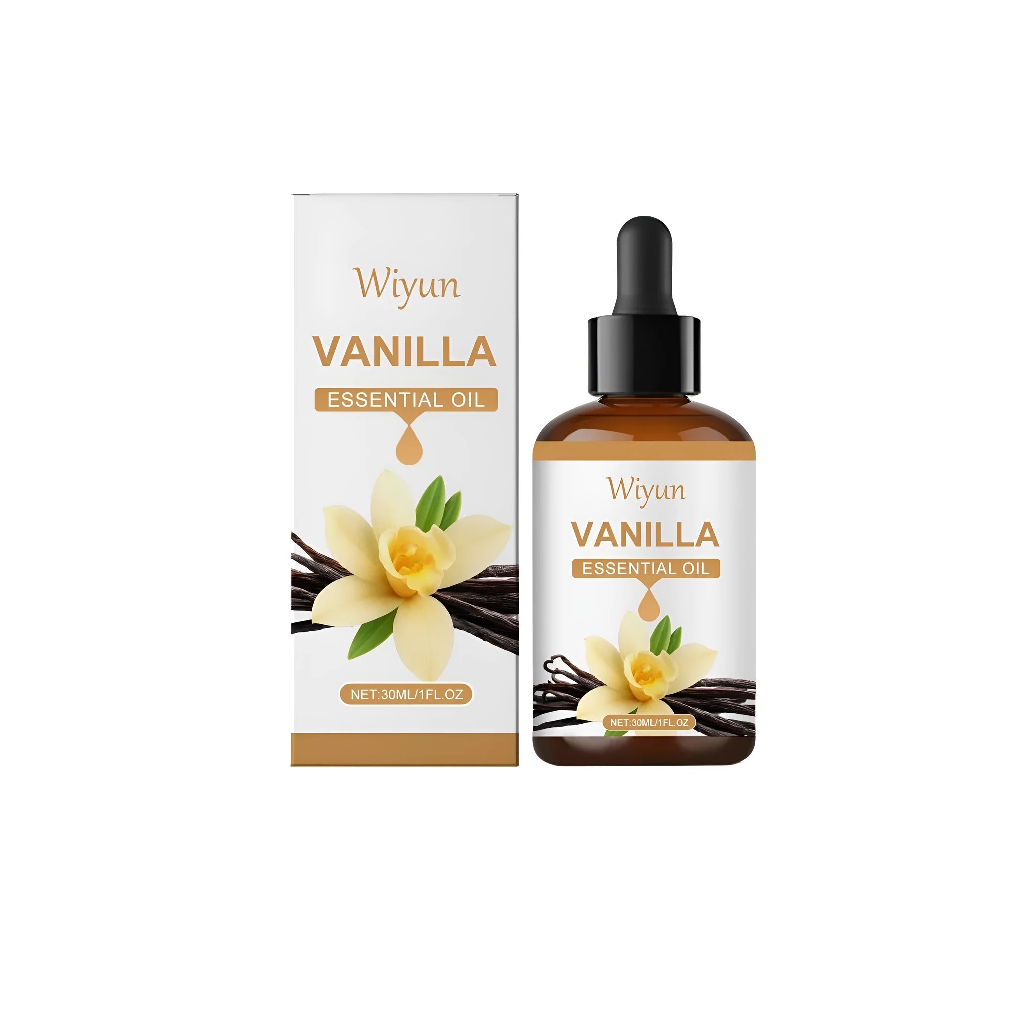 30ml bottle of vanilla essential oil with natural extract, glycerin, and vitamin E