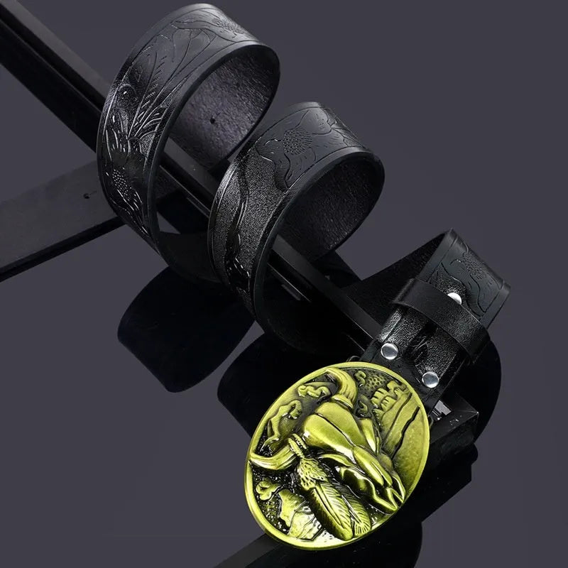 Men's black belt with a detailed cow head alloy buckle and pin buckle fastening.