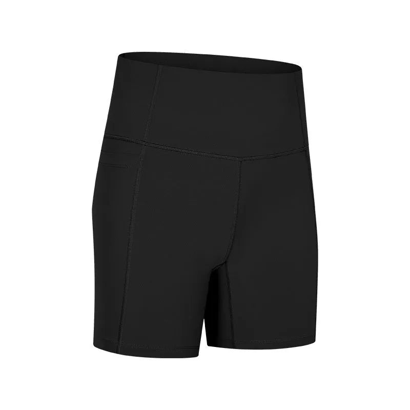 Women's tight black stretch sports shorts with cotton blend lining for running and fitness.