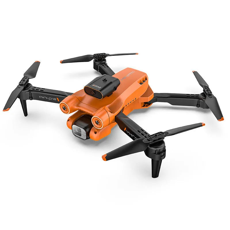 Black and orange remote-controlled quadcopter with HD camera folded for transport showing propeller blades and infrared sensors