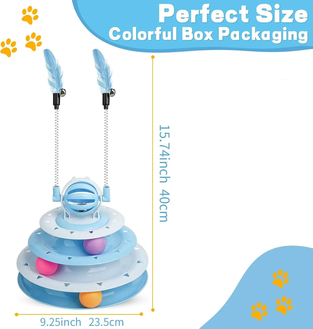 Interactive cat toy with 4-tier carousel, 6 toy balls, bell ball, and 2 teasing rods on a non-slip base
