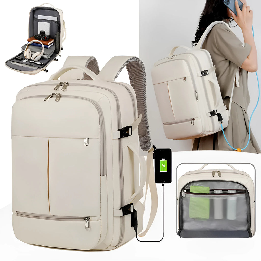 Waterproof Oxford cloth backpack in multiple colours showing front pockets and 15.6-inch laptop capacity