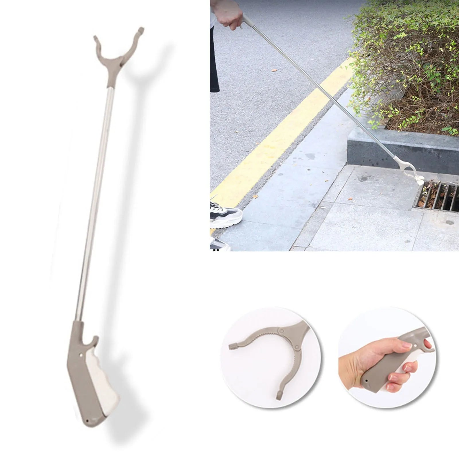Stainless steel grabber tool with non-slip chuck and push-type handle for bending-free pickup