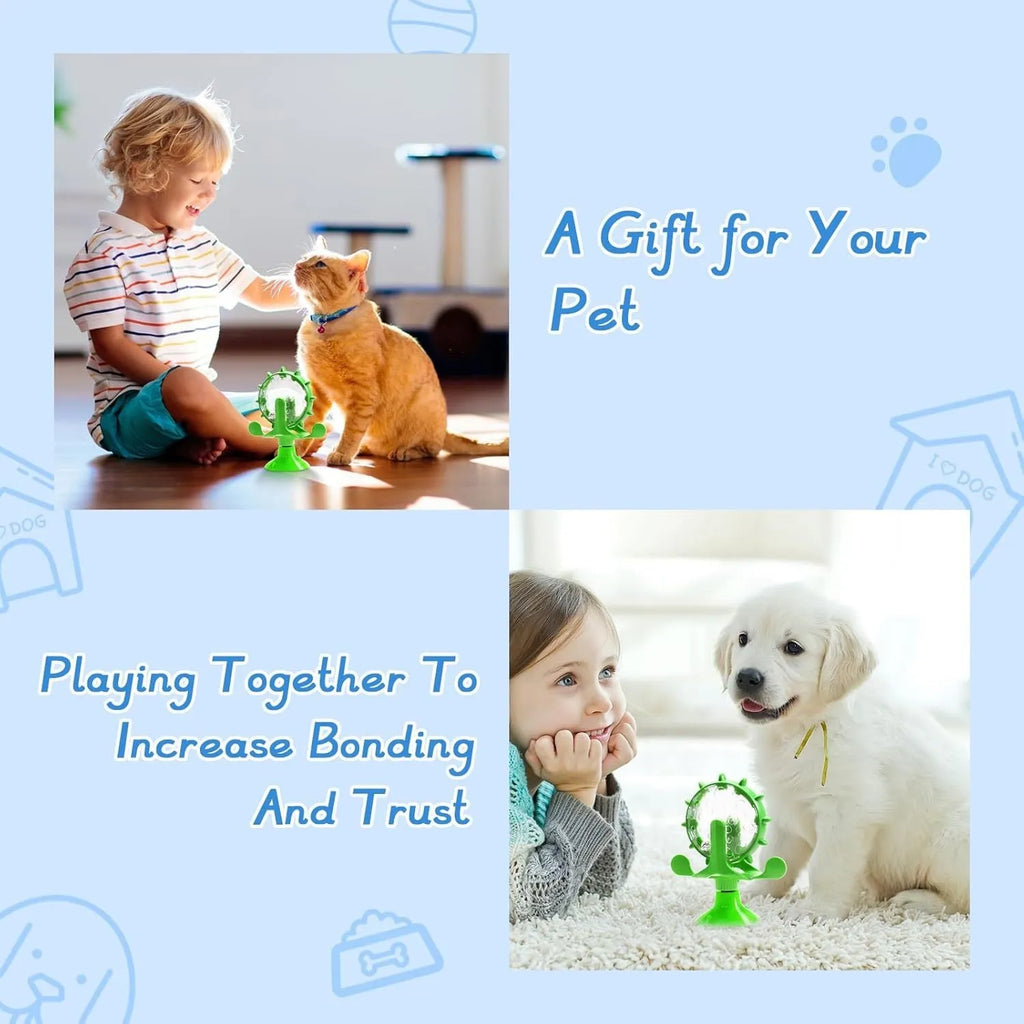 Interactive pet puzzle toy with rotating spinner and bottom sucker for cats and small dogs