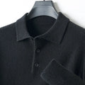 Men's grey wool pullover sweater with a polo collar and long sleeves on a hanger.