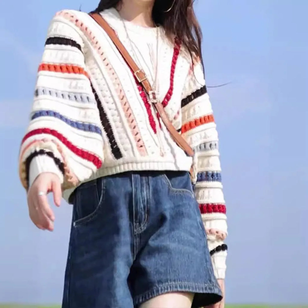 Rainbow striped batwing sleeve sweater with hollow knit construction in loose fit