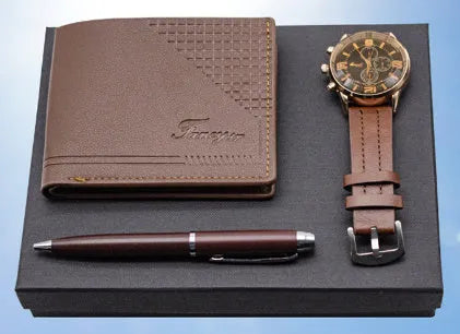 Modern simplicity wallet pen watch gift set in black or brown with OPP packaging