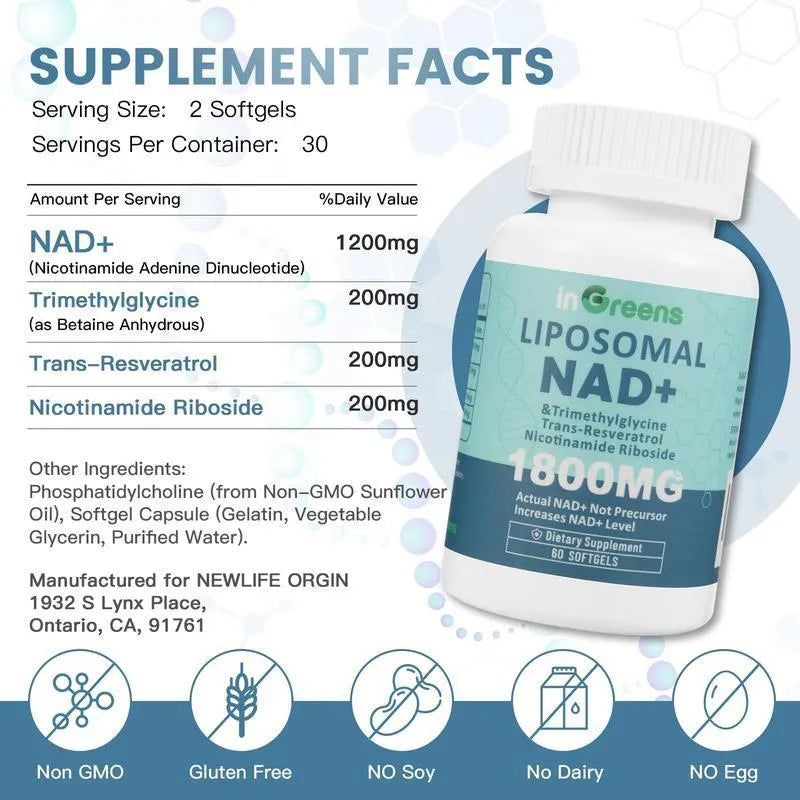 Bottle of NMN nicotinamide mononucleotide dietary supplement gel capsules.