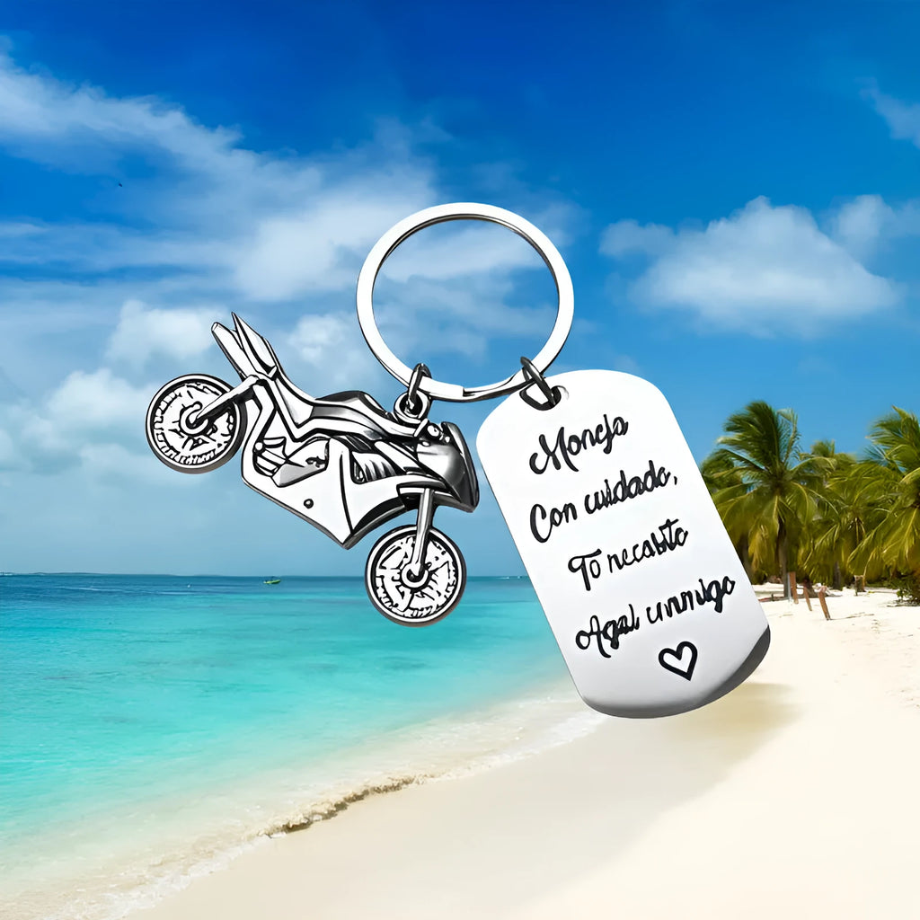 Stainless steel motorcycle keychain with modern simplicity design and velvet cloth packaging