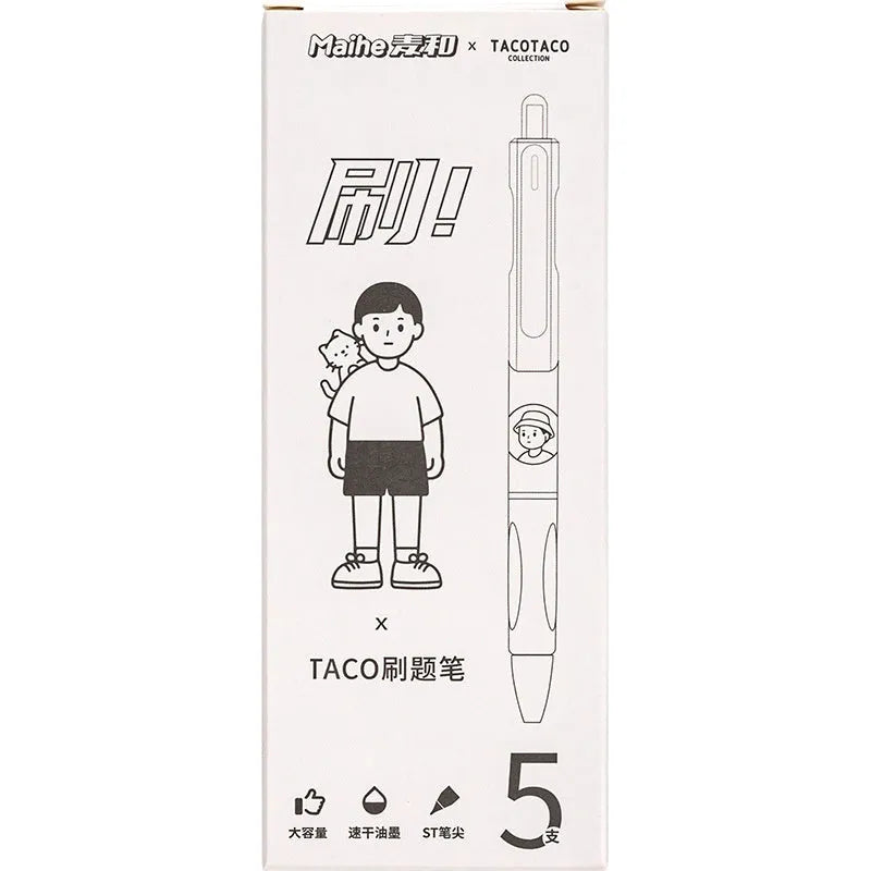 Five black ink ballpoint pens with 0.5mm tips for student exam writing