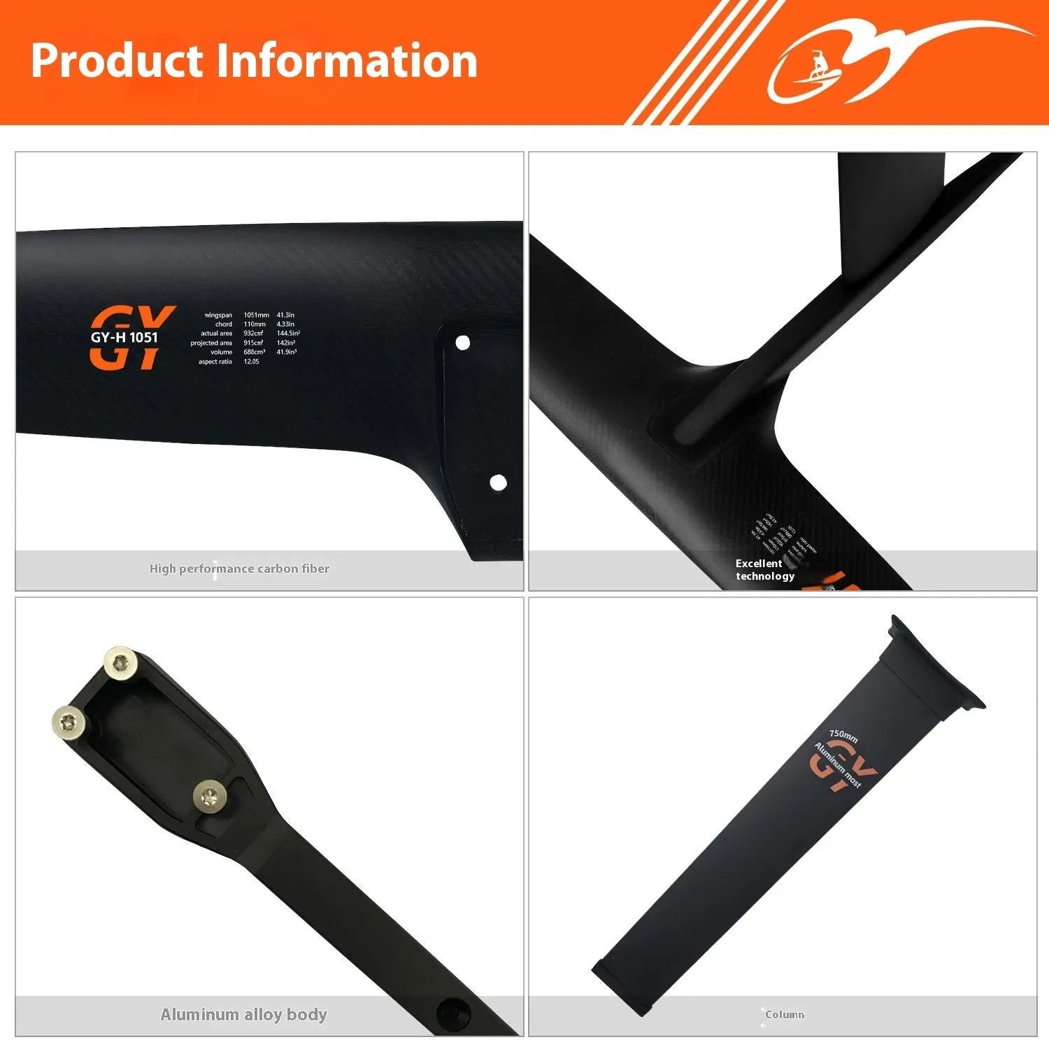 Black carbon fibre and aluminium racing surf hydrofoil with large front wing.
