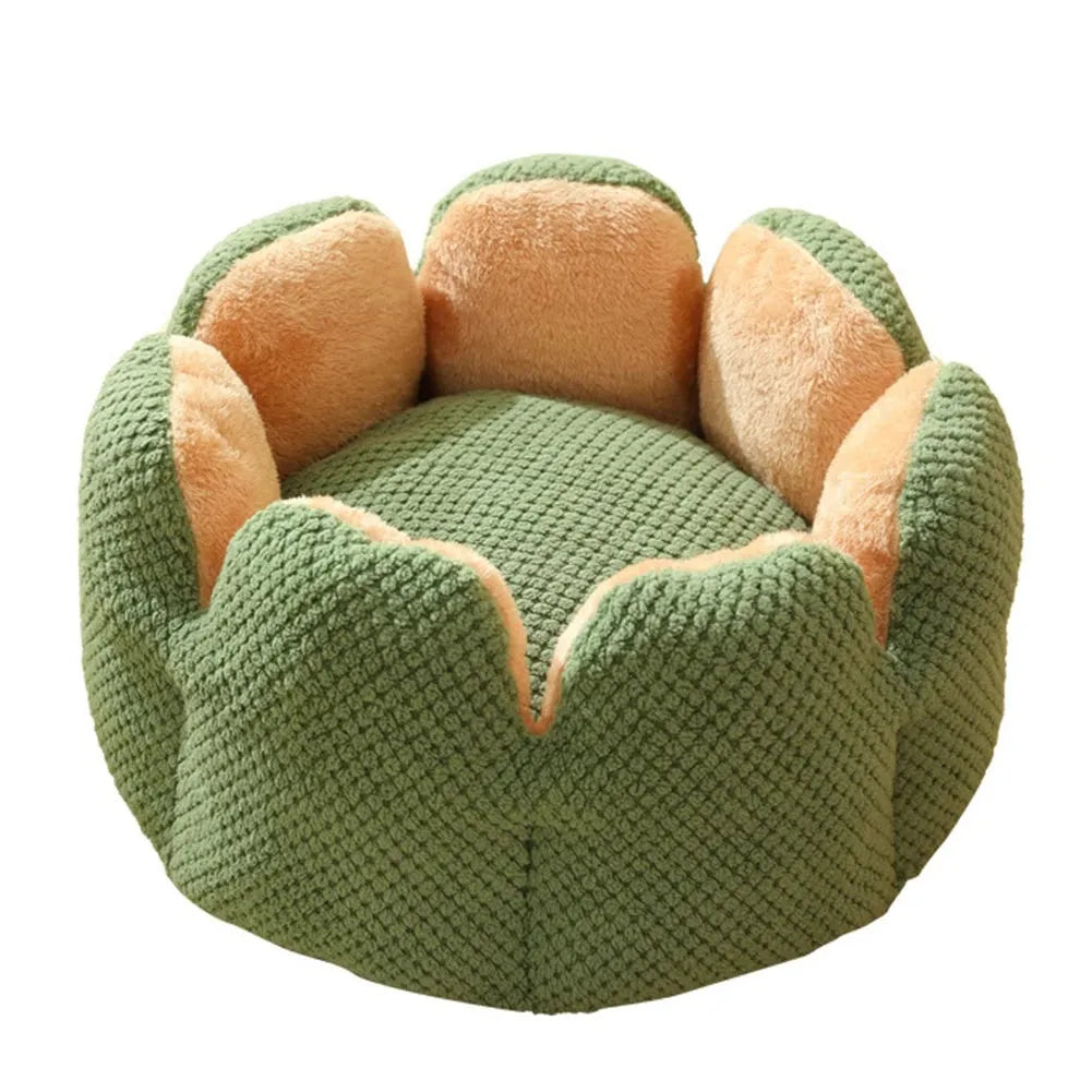 Green cactus petal shaped soft plush pet bed with cave-like opening and non-slip bottom, size L for pets up to 7.5kg
