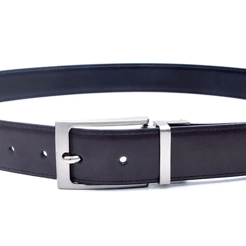 Men's brown black genuine leather belt with a silver alloy rotating pin buckle.