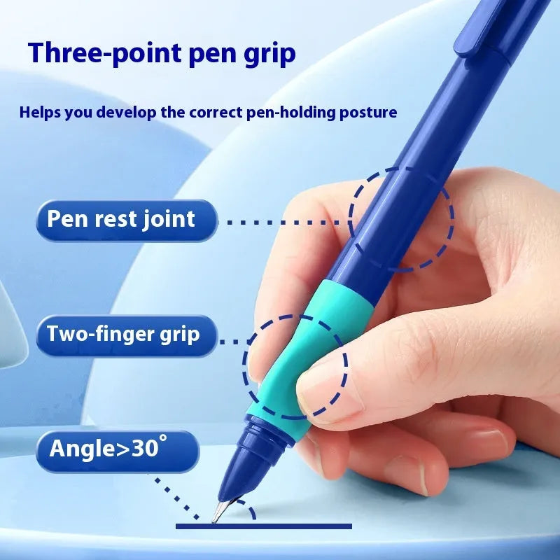 Blue plastic student posture correction pen in box packaging