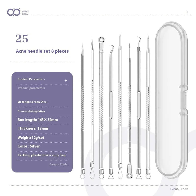 Four silver metal acne needles with fine pointed tips laid out on a surface.
