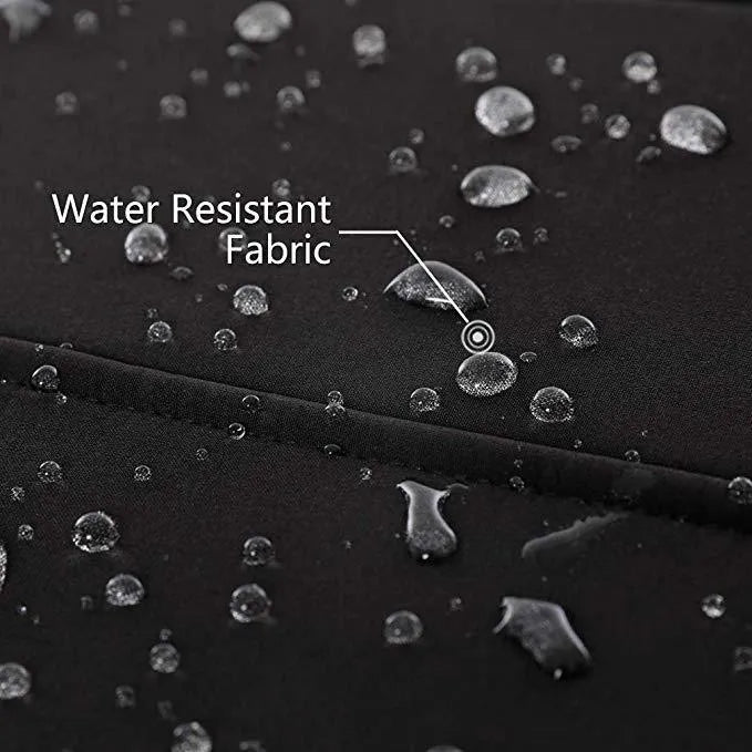 Black USB heated waterproof winter coat for men with long sleeves and zipper pockets.