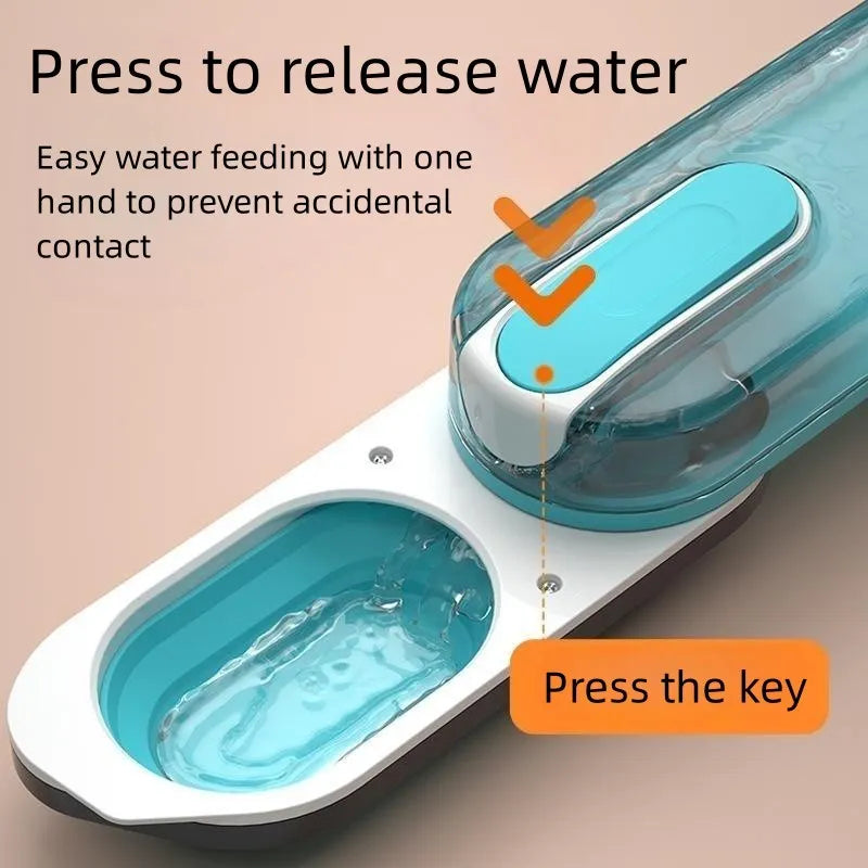 Blue portable pet water bottle with folded-out silicone drinking bowl for dogs and cats.