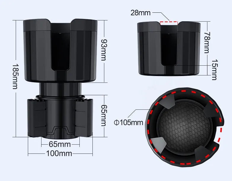 Matte black ABS car cup holder expander with adjustable base for large bottles and cups