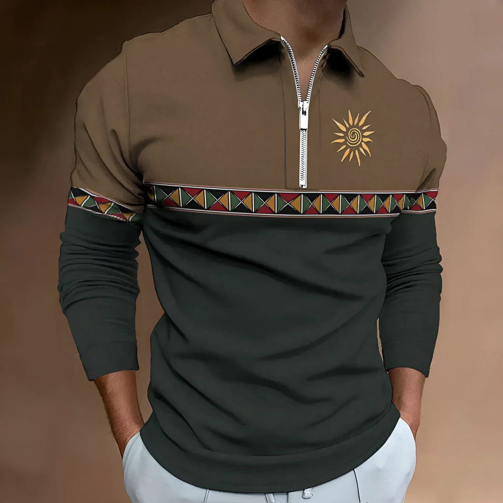Men's loose fit long sleeve polo shirt with retro colour printing and zip decoration details.
