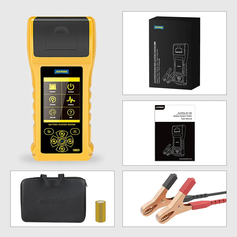 Autool BT760 car battery tester with colour screen and attached battery clips on a workbench