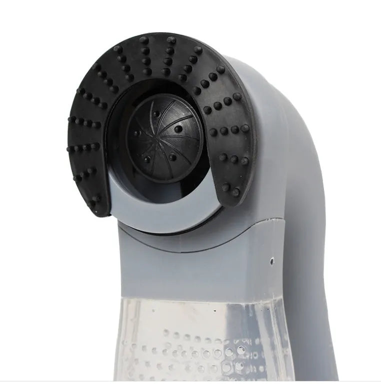 Grey portable pet hair removal vacuum brush with soft rubber head for grooming dogs and cats