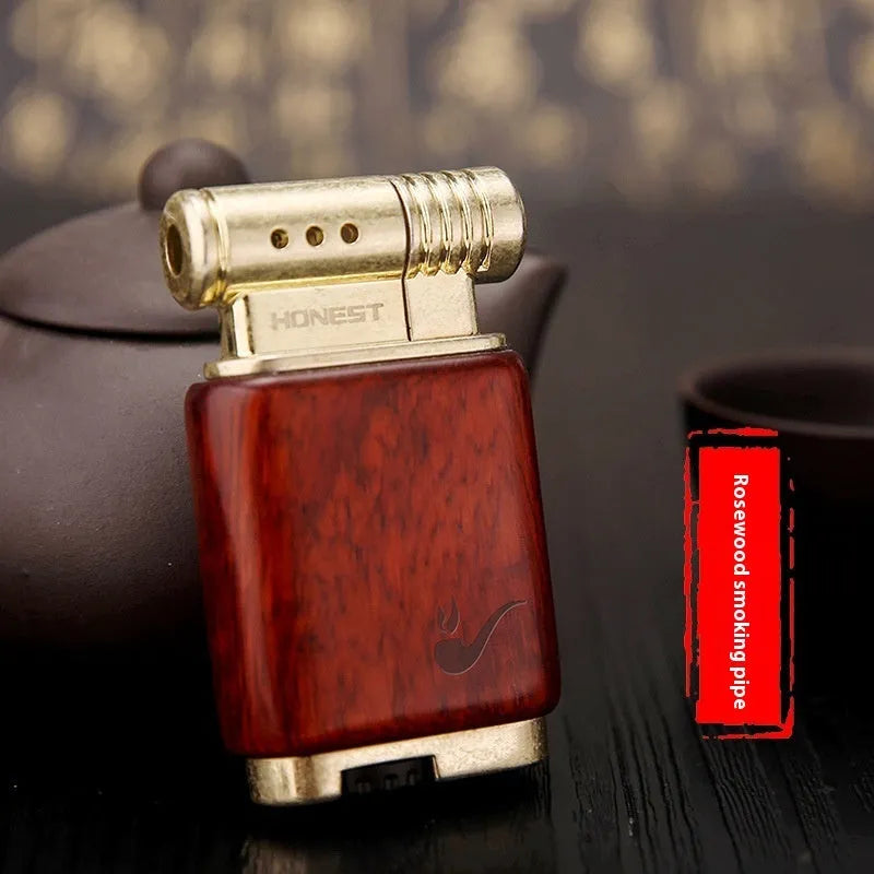 Personality And Creativity Ebony Gas Lighter with black wood finish, metal body, and compact shape