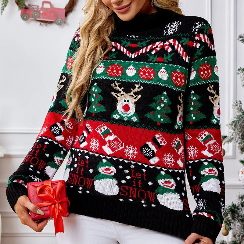 Women's long-sleeved turtleneck sweater with contrast animal print in Black Christmas colour, slim fit pullover style
