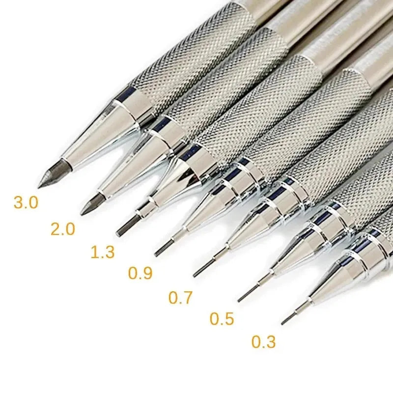 Metal automatic mechanical pencil with 2B graphite refill showing lead size options