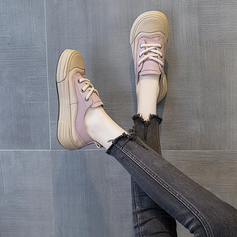 Women's matcha green leather platform sneakers with round toe and front lace-up on a white background.