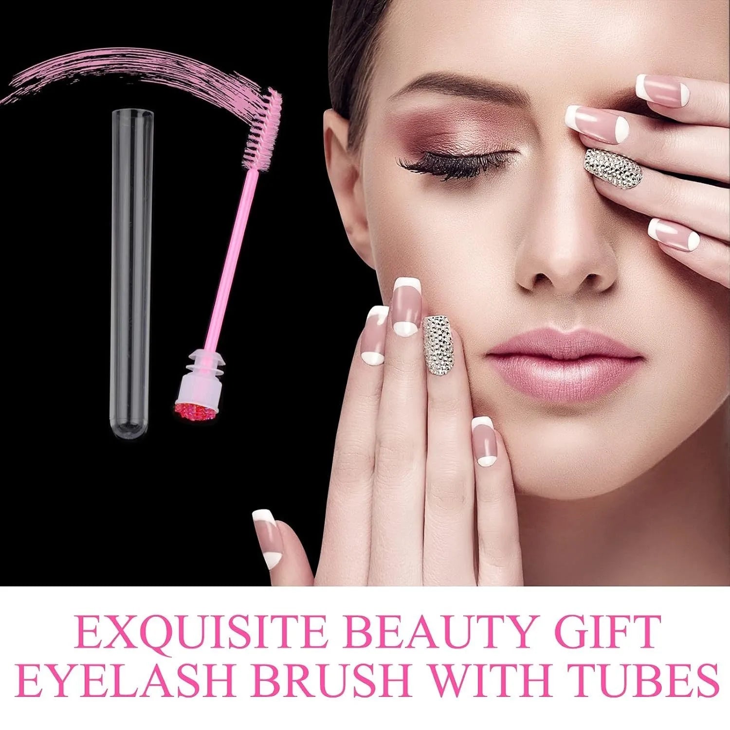 Disposable spiral mascara brushes in blue, green, pink, and purple with transparent storage tubes on white background