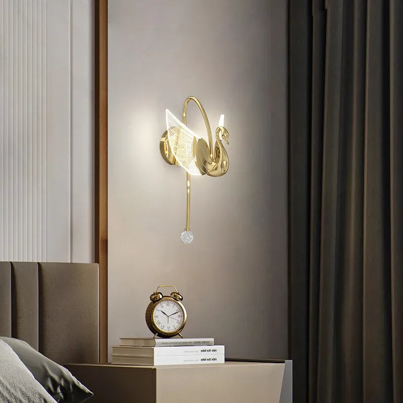 Gold modern minimalist swan wall lamp with iron body and acrylic shade for bedroom bedside lighting