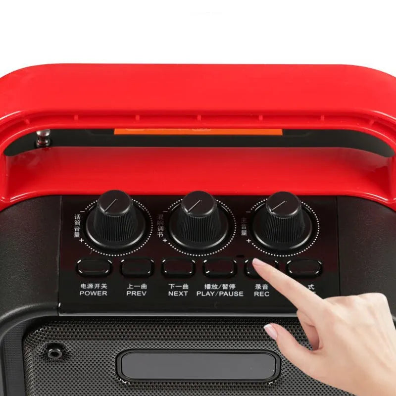MS62AI colour portable Bluetooth speaker with wireless microphone and remote control on table