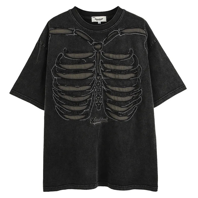 Brown loose fit cotton T-shirt with a skull and letter print design and drop-shoulder sleeves.