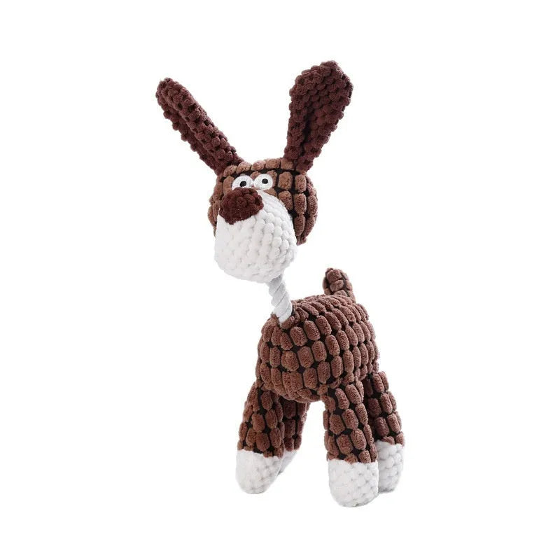 Assorted plush puppy chew toys including a grey donkey, a rechargeable yellow duck, and a blue elephant.