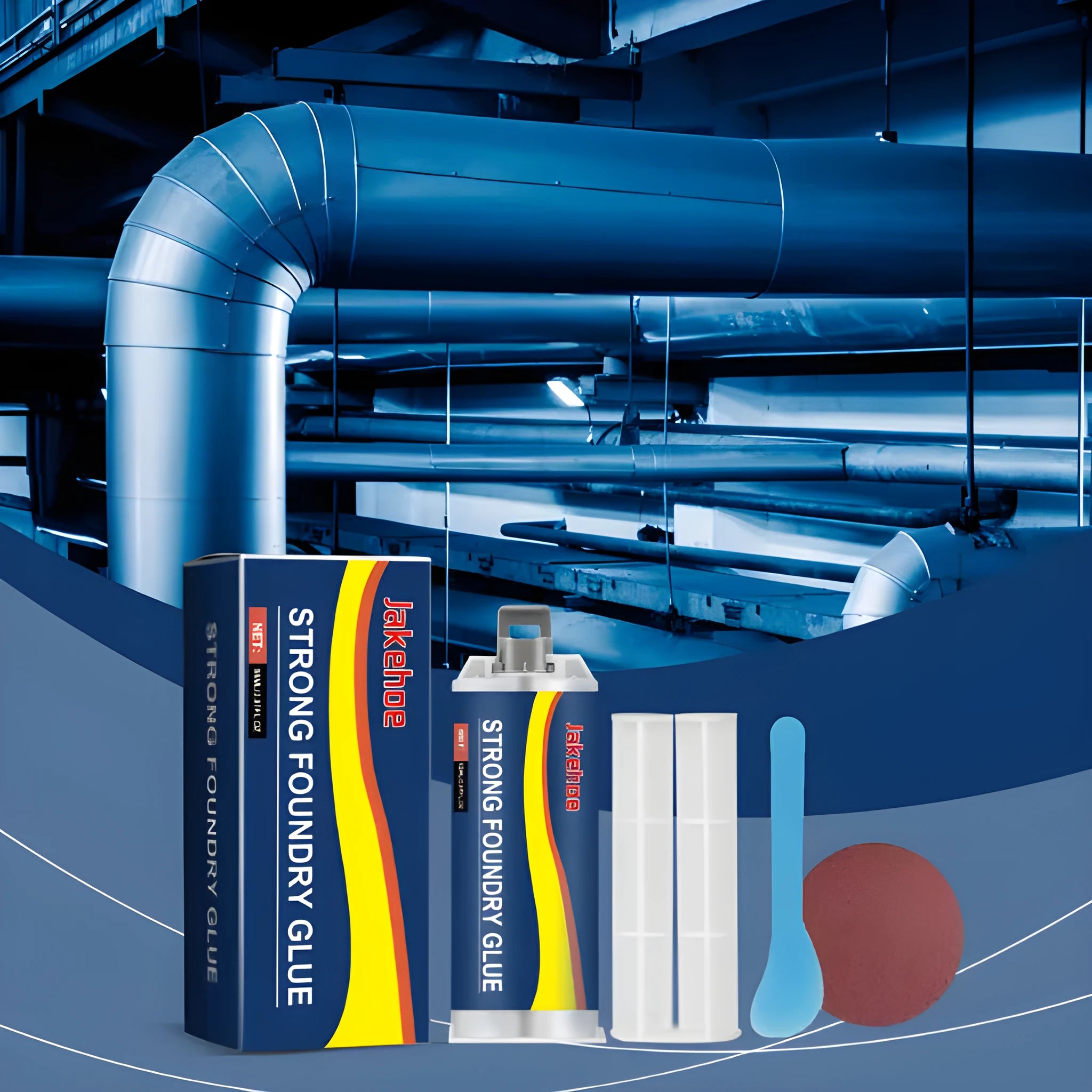 85ml metal sealant epoxy kit with glue tubes, push rod, scraper and sandpaper for waterproof repairs.