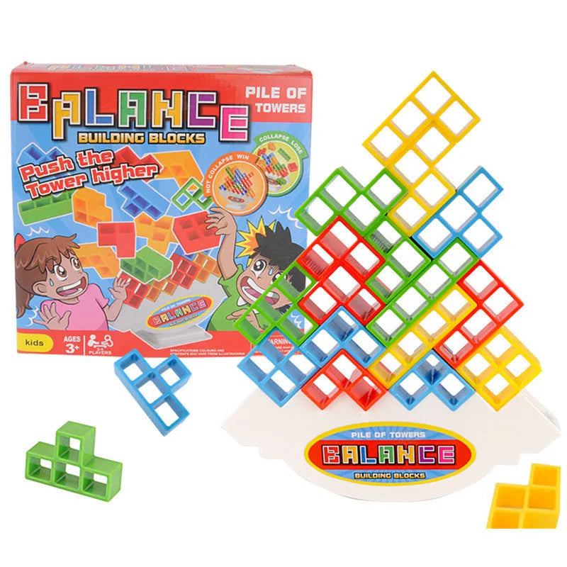 Plastic balance stacking game with 16 coloured blocks, chassis and base on a table