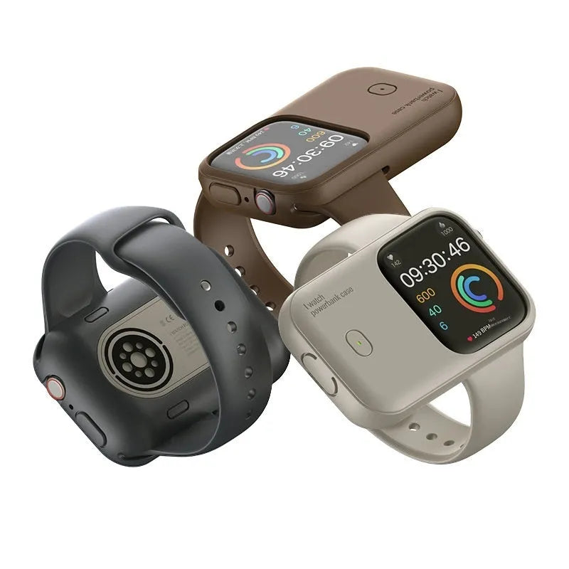 Apple Watch portable wireless charging case with silicone cover in brown, midnight blue and starlight colours