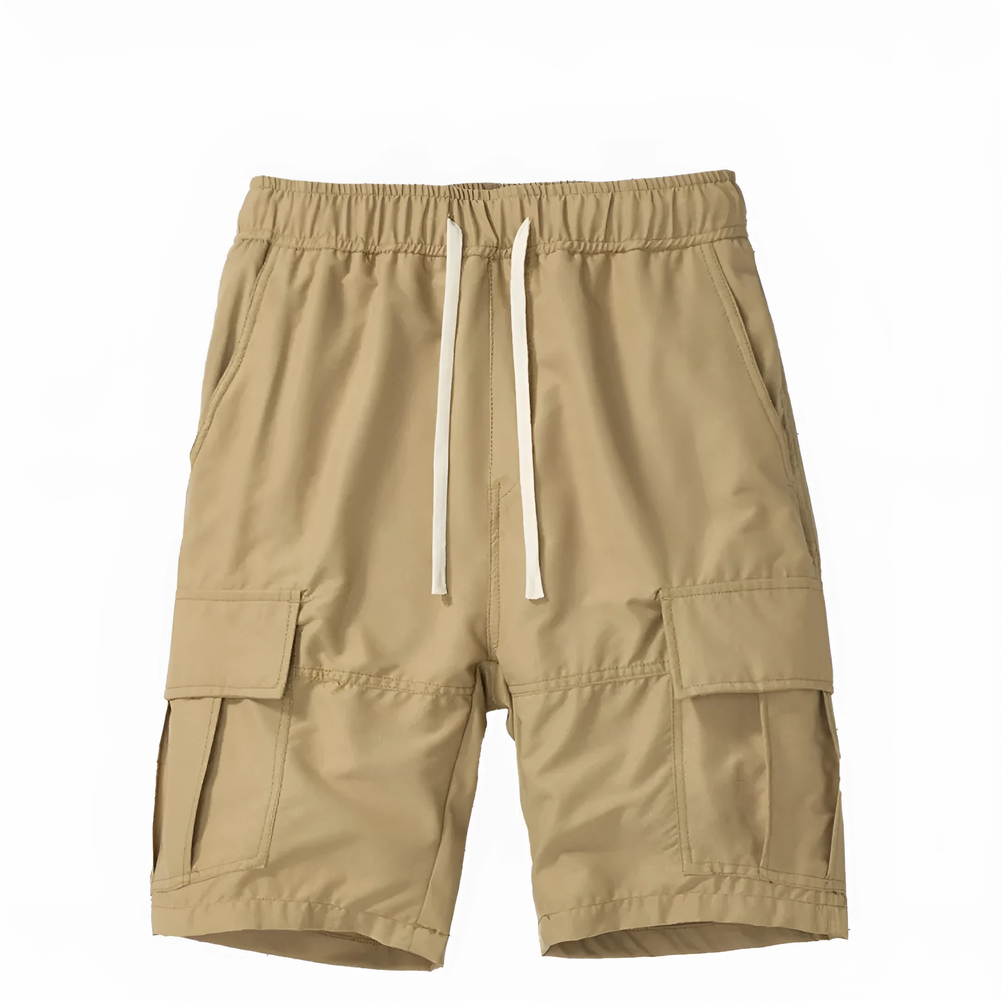 Men's multi-pocket loose cropped pants in black, side view showing multiple pockets and loose fit
