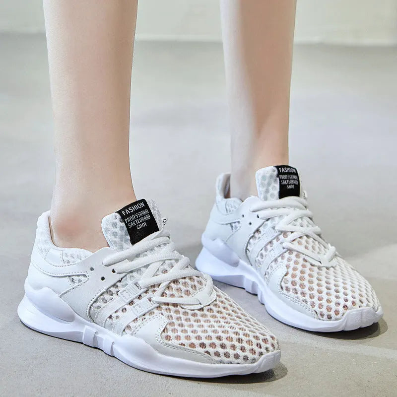 Low-top casual sneaker with hollow breathable mesh upper and round toe in a white net colour variant.