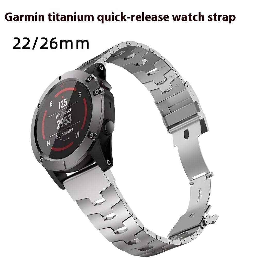 Garmin Jiaming Fenix watch replacement strap in silver, black, titanium colours showing 22mm and 26mm width options
