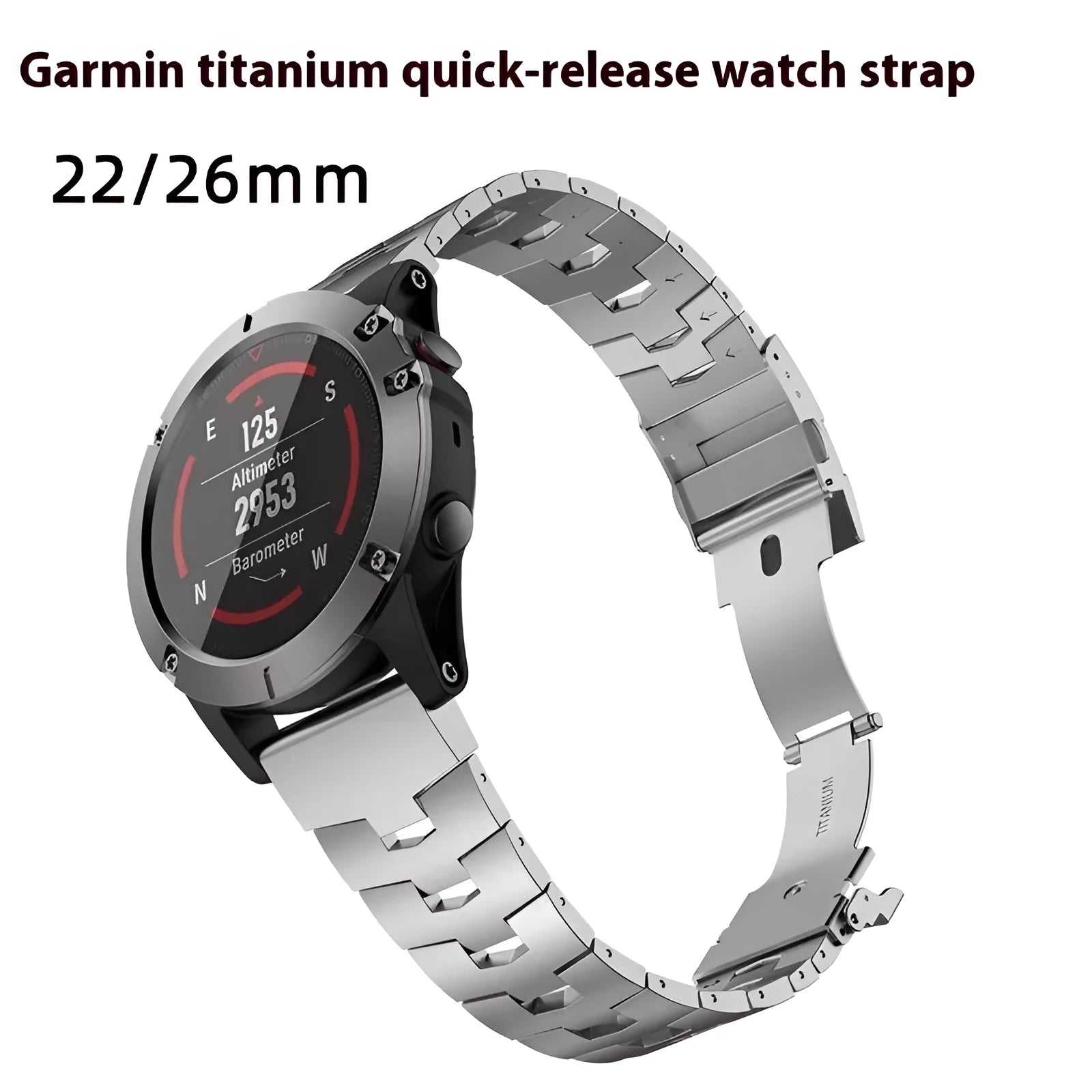 Garmin Jiaming Fenix watch replacement strap in silver, black, titanium colours showing 22mm and 26mm width options
